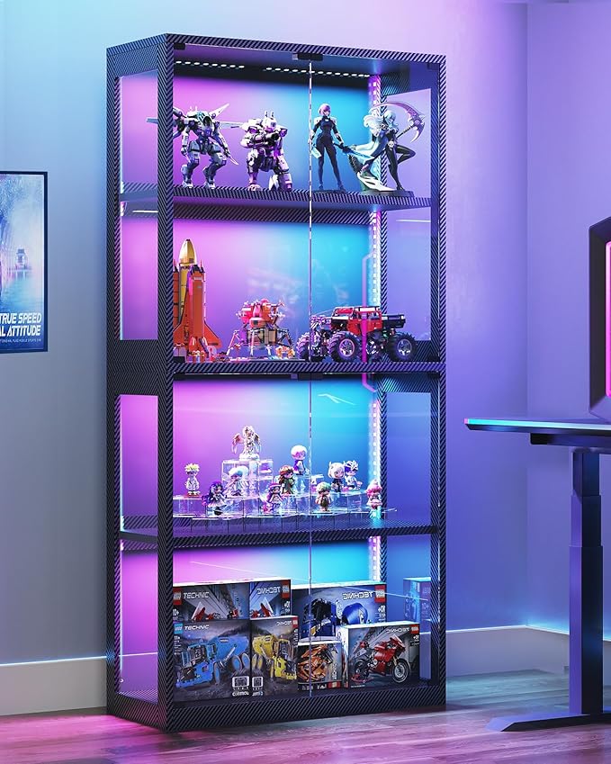 AODK Display Cabinet with Glass Door, 4-Tier Display Case with LED Lights