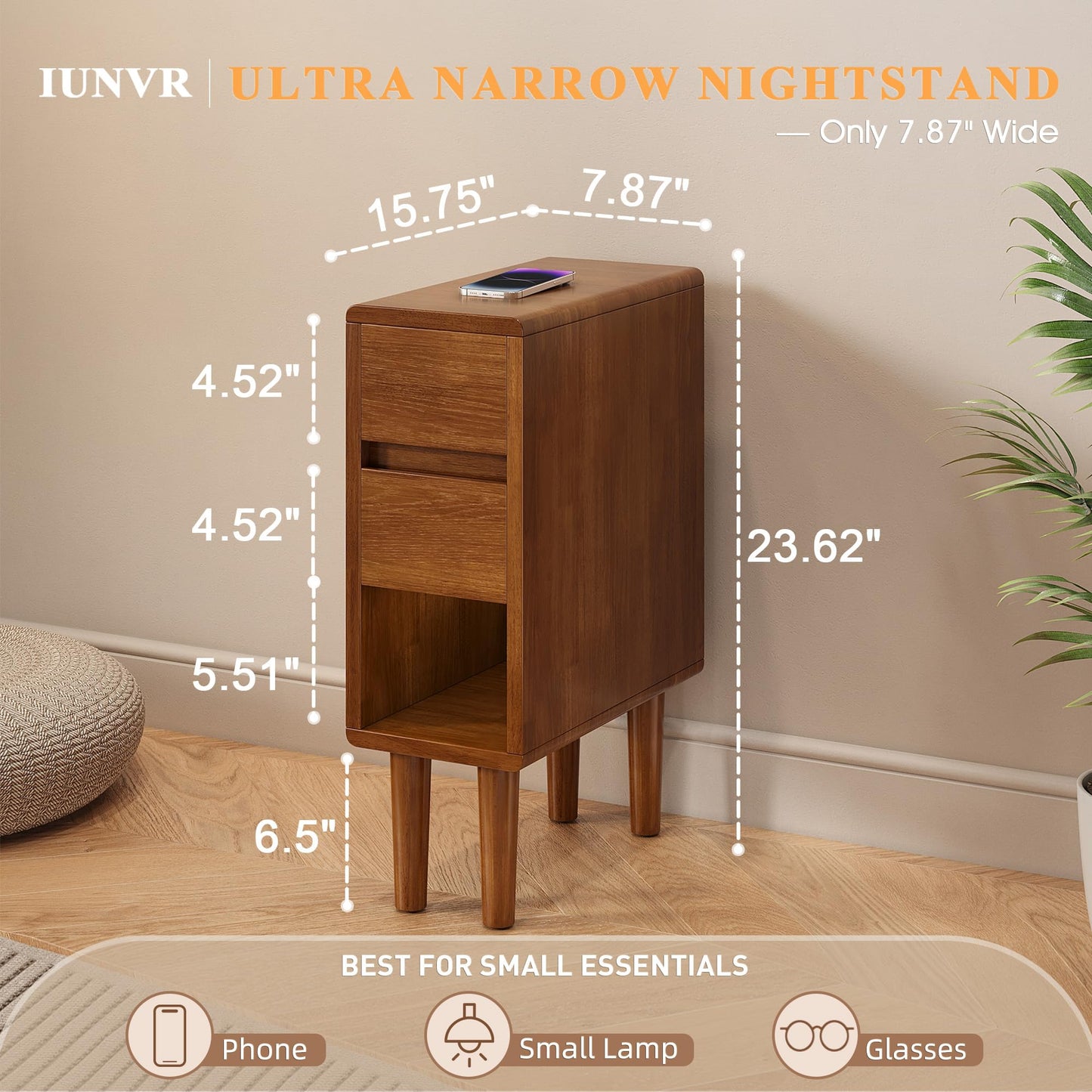 Narrow Nightstand 2 Drawers with Open Shelf Narrow Night Stand Solid Wood Bedside Table Mid Century Modern Nightstand Wooden End Table for Bedroom, Study, Office