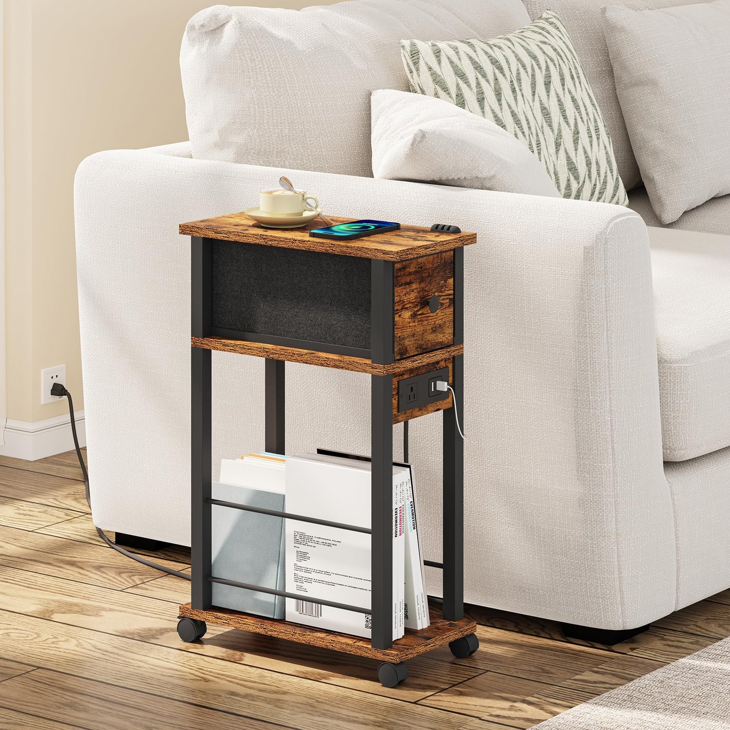 DGSANDGO Sofa Side Table Narrow End Table (1PC) - Rustic Brown & Black Two-Tone, Side Table with Charging Station (1 AC + 2 USB) & Storage Drawer, 4 Wheels Mobile Nightstand for Bedroom Living Room
