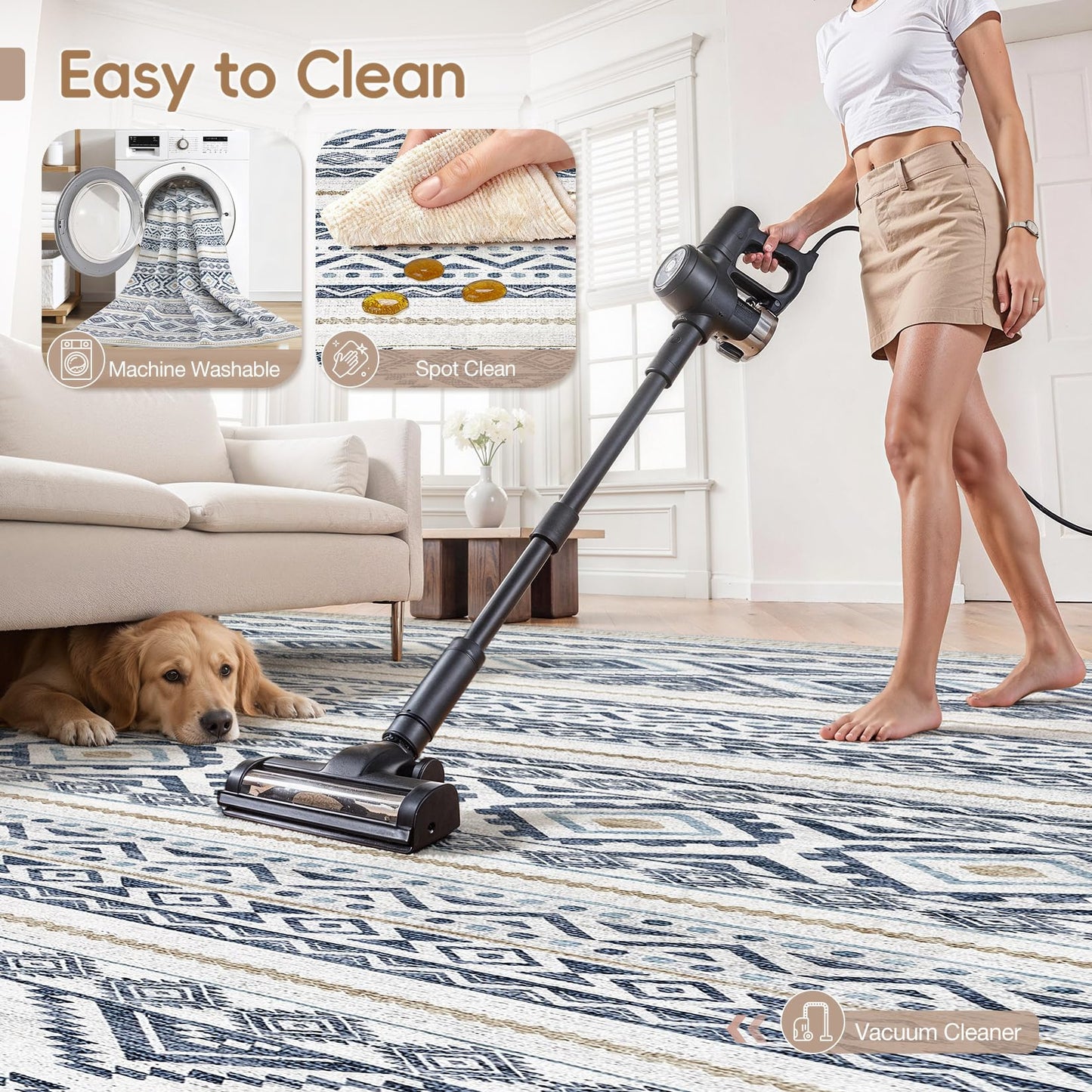 cotiled 5x7 Area Rugs Living Room Rug: Washable Boho Rugs with Non Slip Backing Large Soft Indoor Stain Resistant Carpet for Bedroom Farmhouse Dining Room Lightweight Home Decor Blue