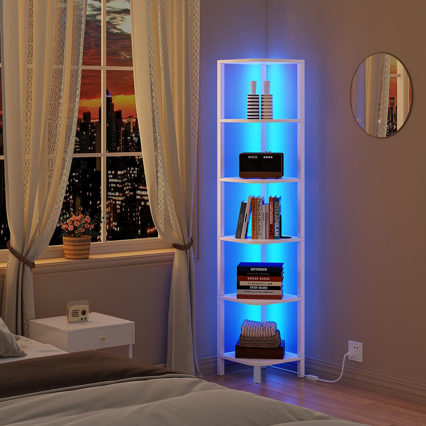 TUTOTAK Corner Shelf with LED Light, 6-Tier Corner Bookshelf for Small Space, Narrow Display Corner Shelf Stand with Storage Rack, for Living Room, Bedroom, White BS08BW006L