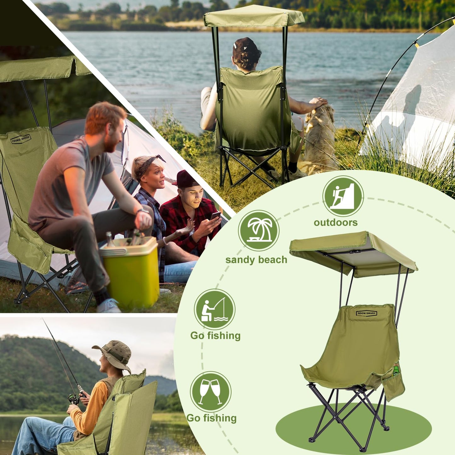 YOUNG WOOD Portable Camping Chair Beach Chair with Shade Canopy, Fold Lightweight Oversized for All, Easy to Open, Close Without Installation, Side Pocket Design for All Outdoor Activities, Green,2p