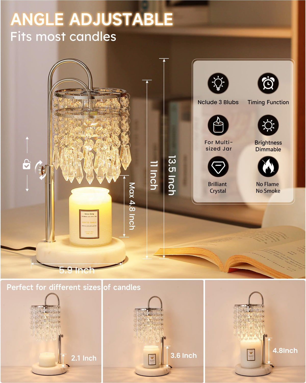 Candle Warmer Lamp with Timer Dimmer and 3 Bulbs, Candle Lamp Warmer with Marble Base for Adjustable Height, Crystal Candle Lamp for Jar Candles, House Warming Gifts Home Room Decor, Silver
