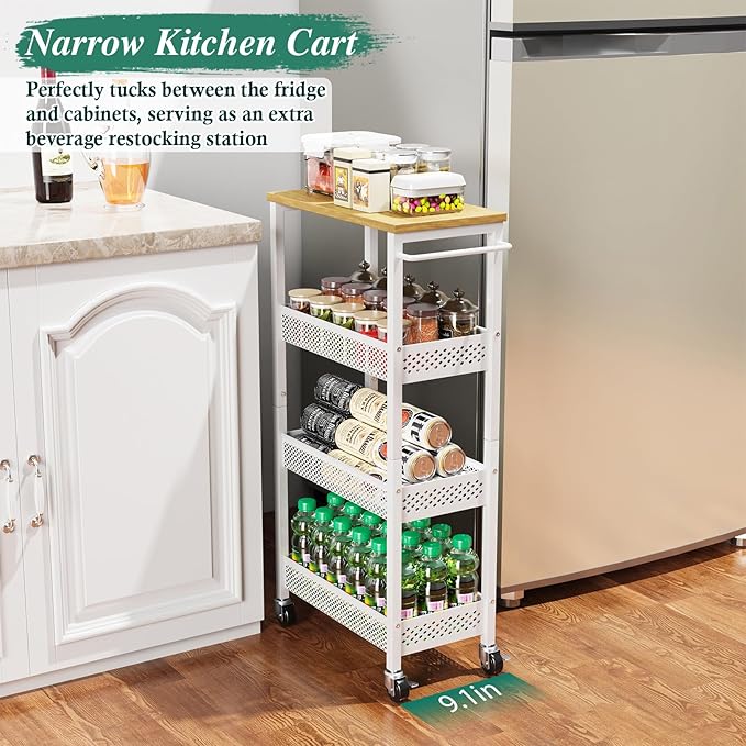 OKZEST Utility Slim Storage Cart, 4-Tier Narrow Bathroom Organizers and Storage