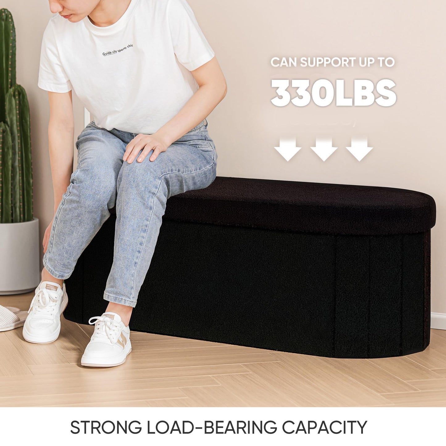 B FSOBEIIALEO Ottoman with Storage for Living Room, Sherpa Folding Storage Ottoman Foot Rest, 43.3 Inches Collapsible Bedroom Bench Black