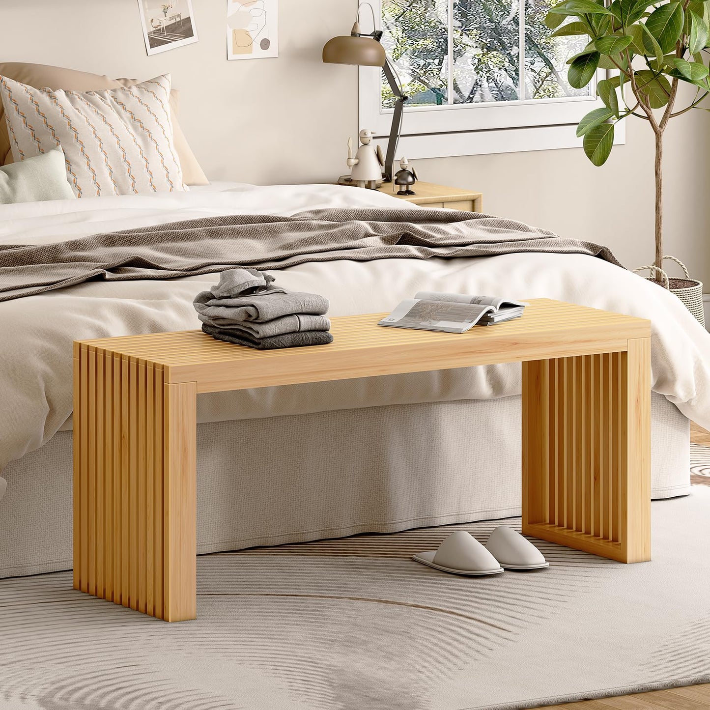 Toolola Bamboo Dining Bench, 35-inch Sleek Design Entryway Shoe Rack Bench, Indoor Kitchen Table Bench, Waterproof Outdoor Bench, Natural