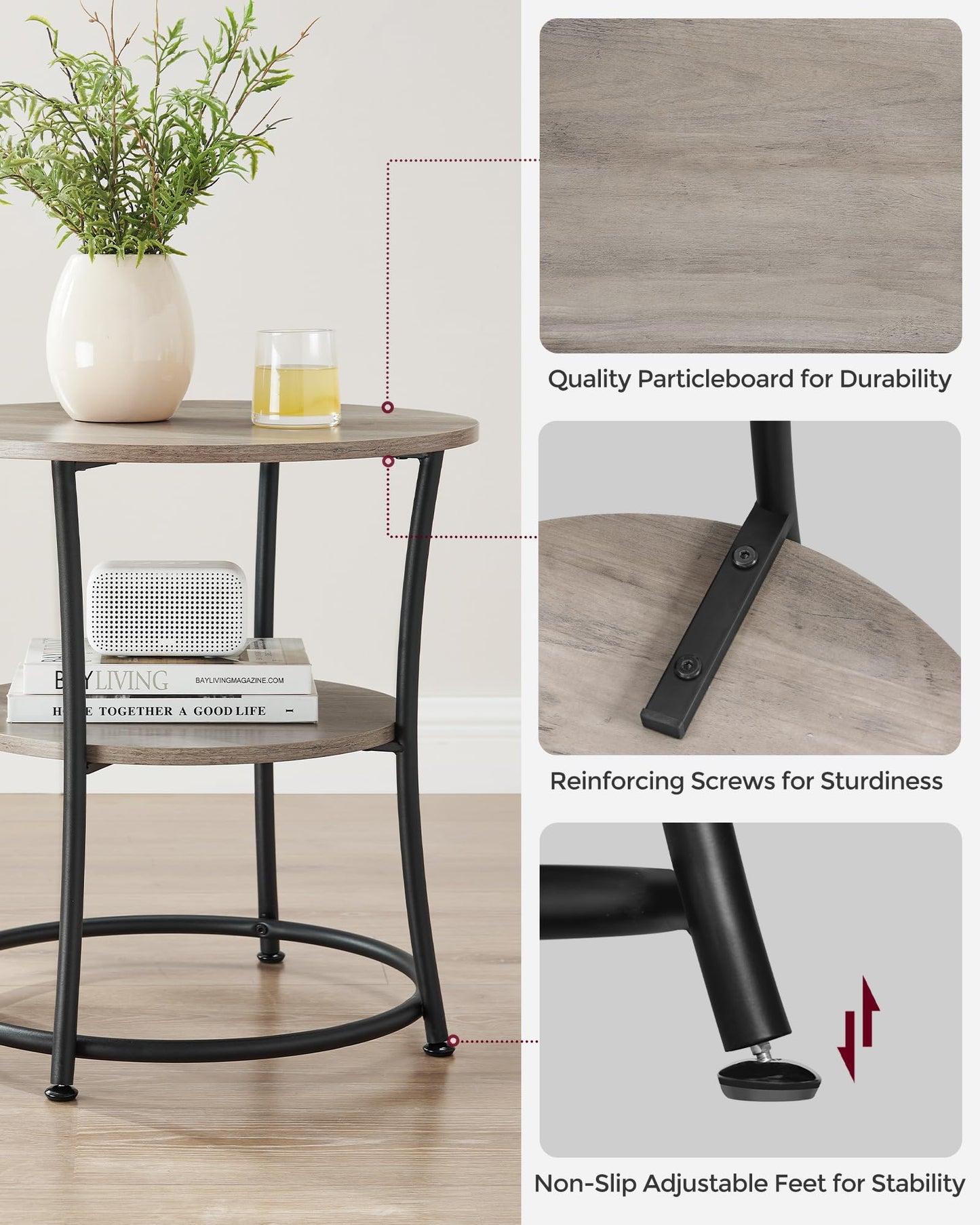 VASAGLE 21.7-Inch Round Side Table, 2-Tier End Table, Nightstand with Steel Frame, Spacious Top, for Small Spaces, Living Room, Bedroom, Heather Greige and Ink Black ULET56BG