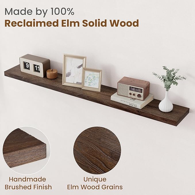 Floating Shelves for Wall Decor, 8 Inch Deep Rustic Solid Elm Wood Floating