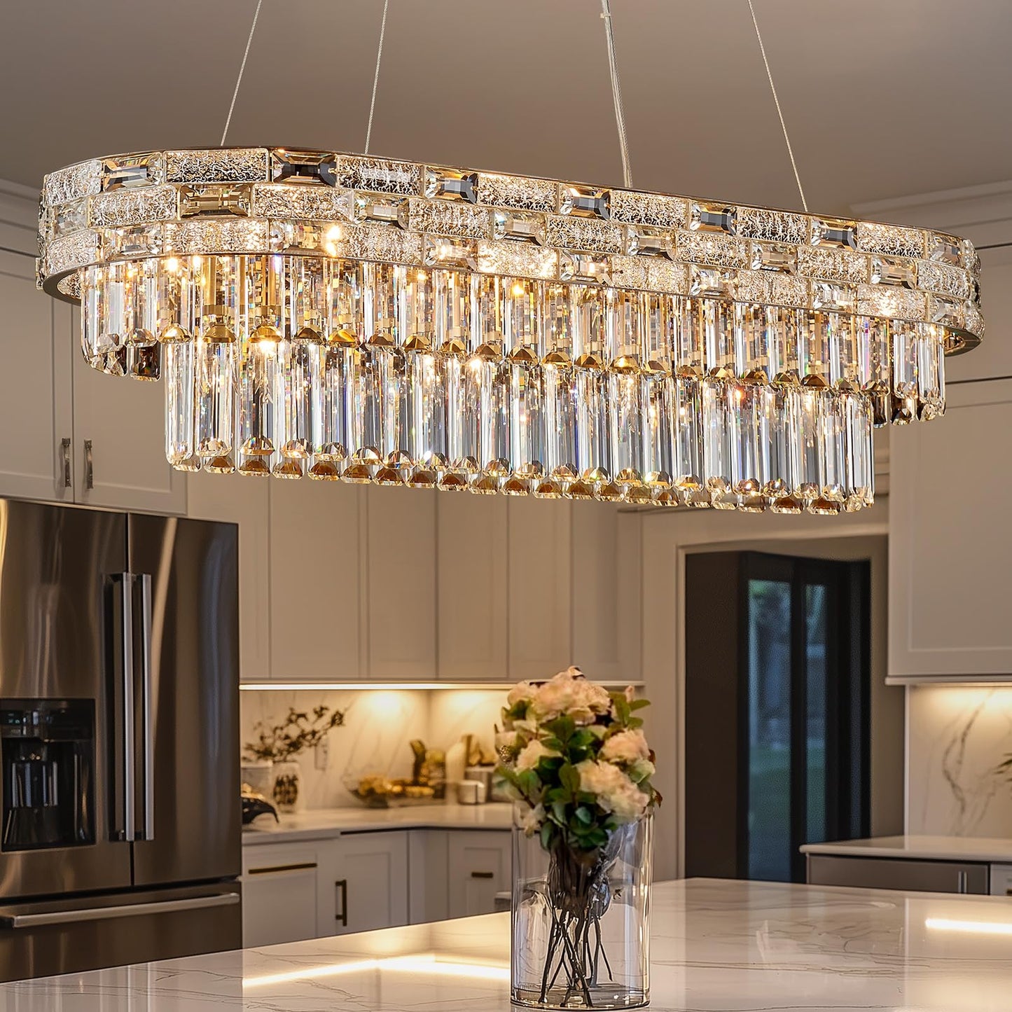 HUANXISHA 34.3" L Modern Crystal Chandeliers for Dining Room 12 Lights Gold Chandelier Large Luxury Chandelier Pendant Light Fixture, Kitchen Island,Entryway,Living Room 34.3" L x 8.7" H