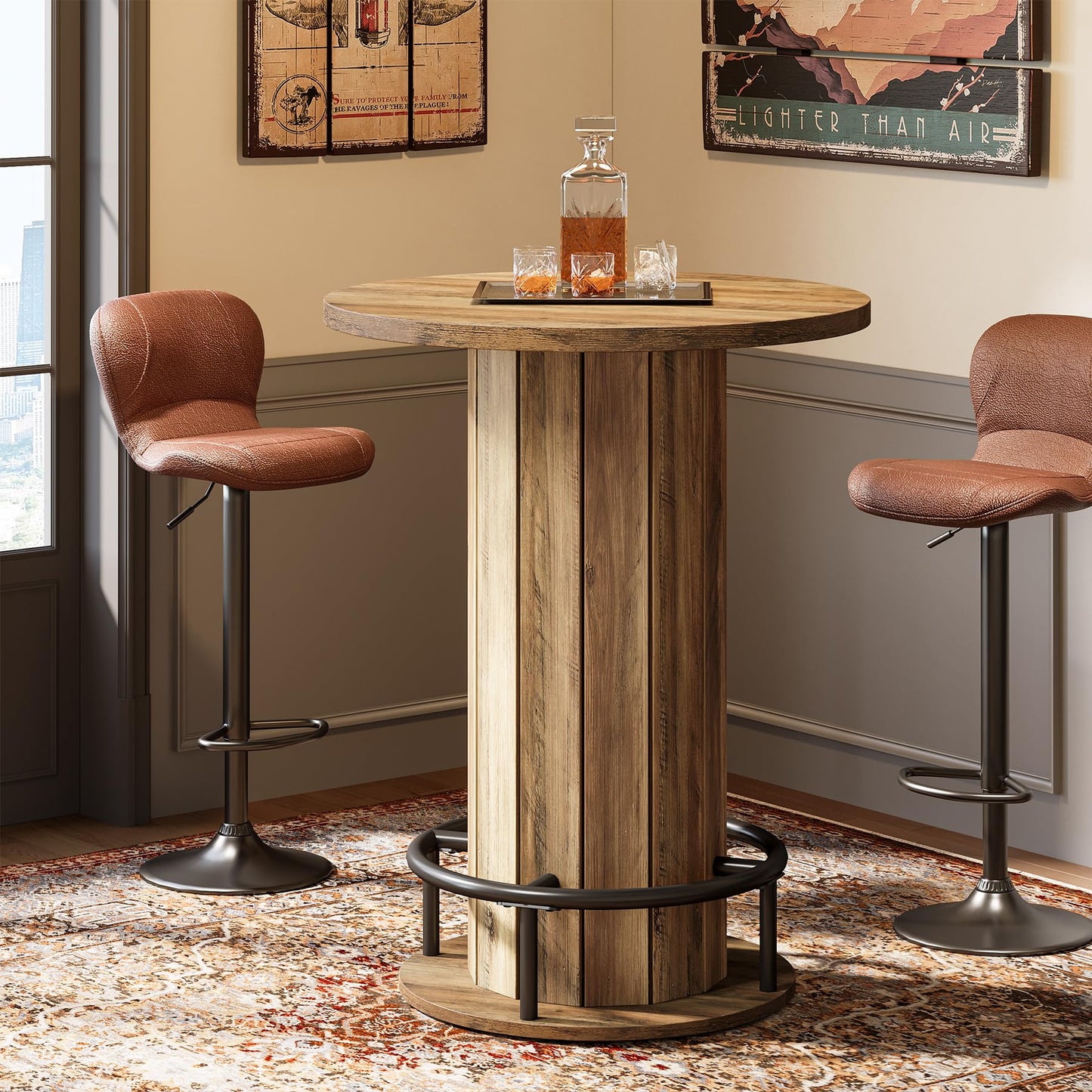 Tribesigns Round Bar Table, 39.4" H Wood Bistro Pub Table with Metal Ring Footrest for Dining Coffee Cocktail Living Room, Small Space, Brown(Only Table)
