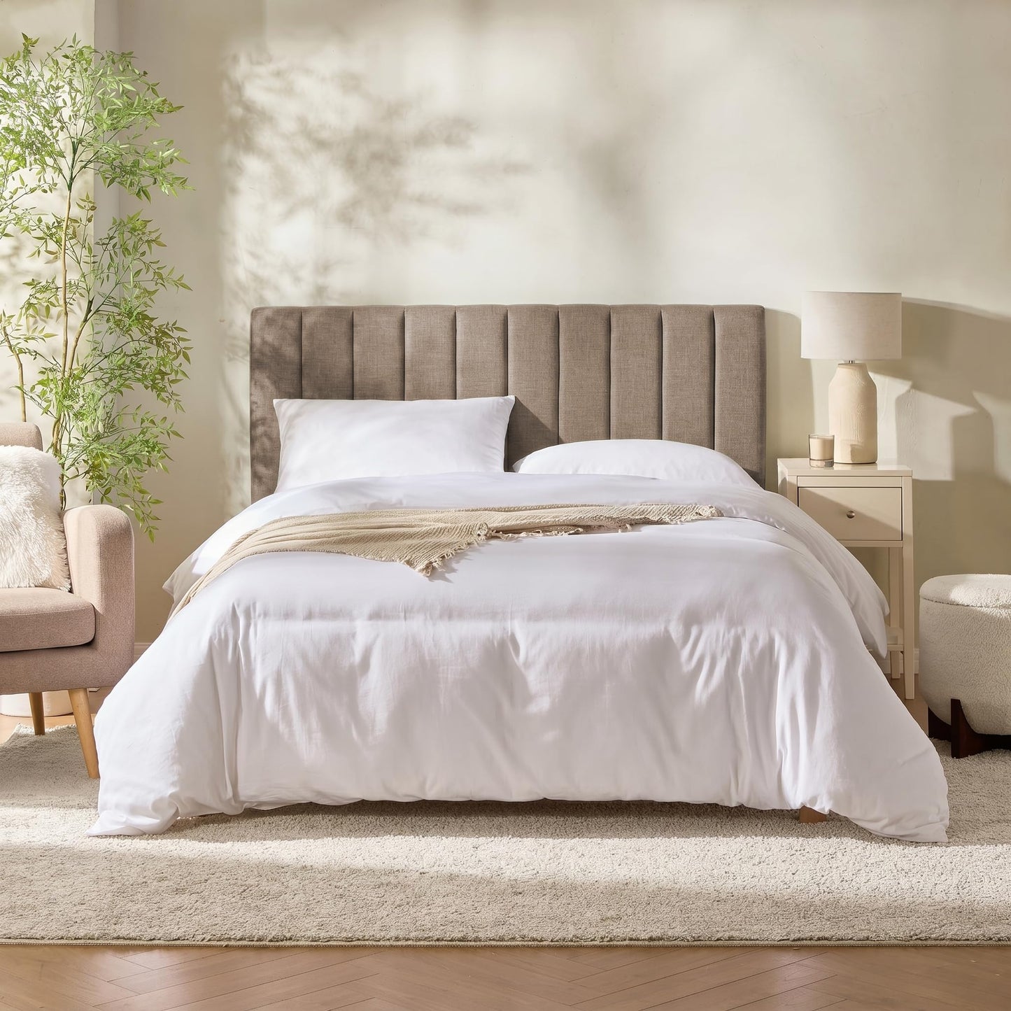 Hearth & Harbor Upholstered Queen Headboard - Easy Assemble Channel Stitched Headboard Queen Size - Wall Mounted Headboards with 3D Soundproof Wall Panels Peel & Stick Floating Headboards, Mocha