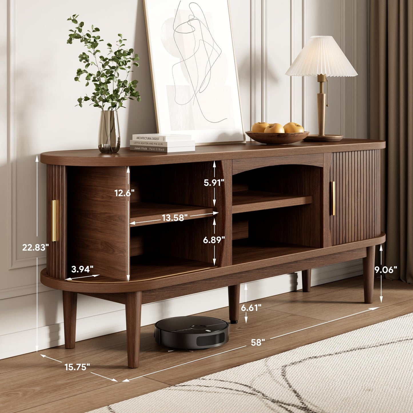 Decofy Mid Century TV Stand for TVs up to 65 Inches, Entertainment Center with Storage, Power Outlet, Fluted Sliding Doors & Adjustable Shelves, Modern Media TV Console Table for Living Room (Walnut)