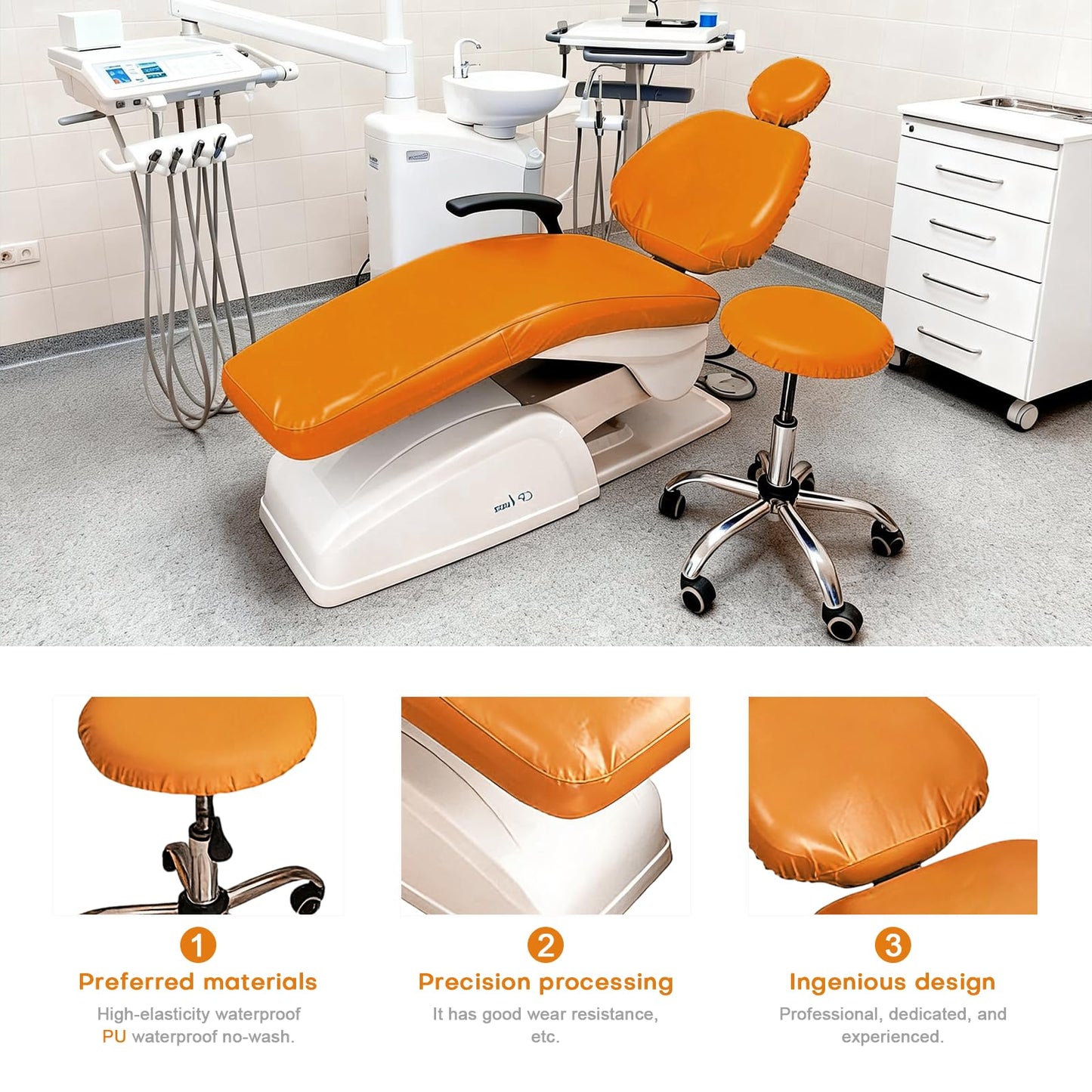 buyzg 5Pcs Dental Chair Covers Set - Waterproof & Non-Slip PU Leather Elastic Full Covers with Foot, Seat, Headrest & Backrest Protectors for Dental Clinic Chairs(Orange)