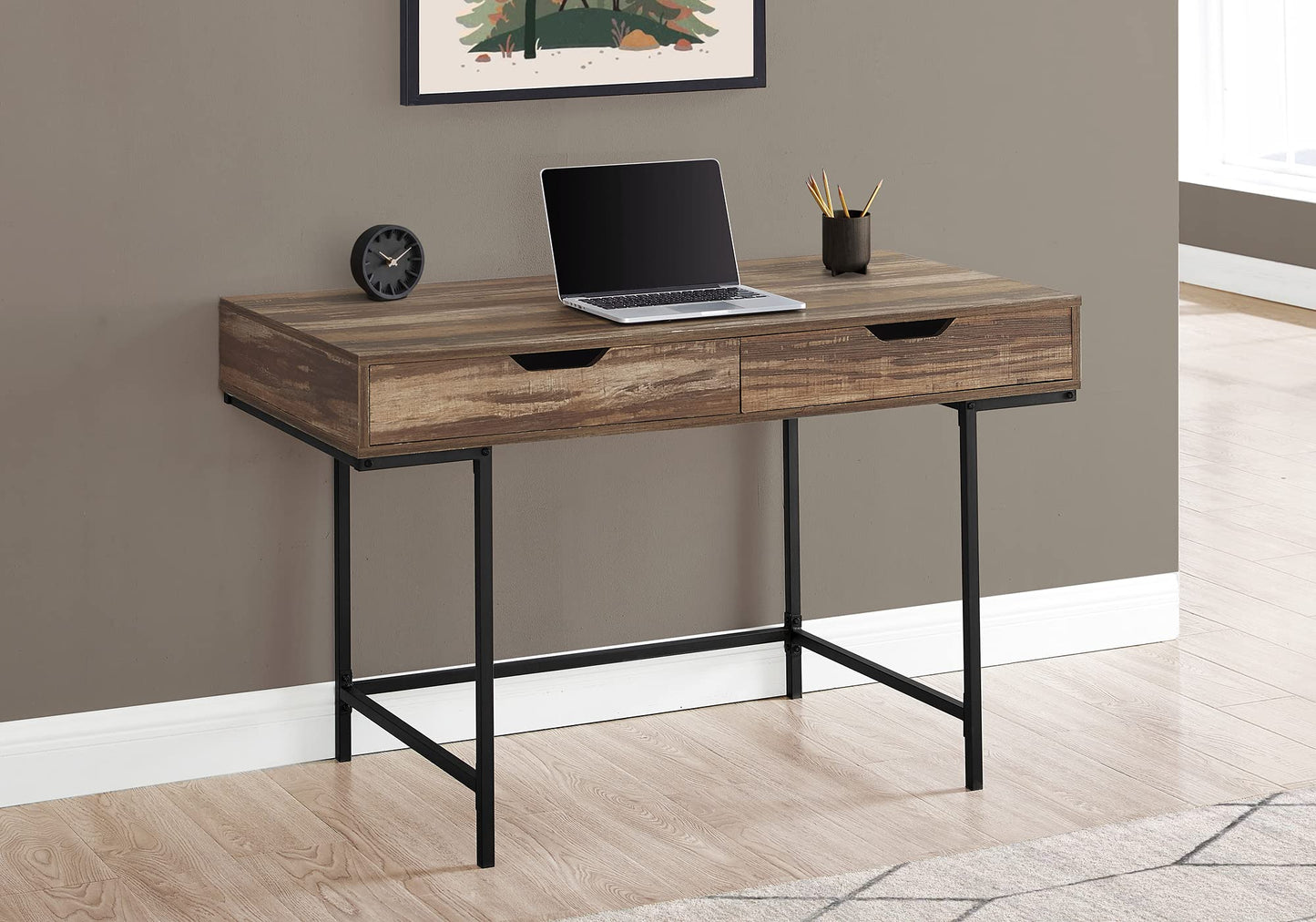 Monarch Specialties I 7557 Computer Desk, Home Office, Laptop, Storage Drawers, 48" L, Work, Metal, Laminate, Brown, Black, Contemporary, Modern