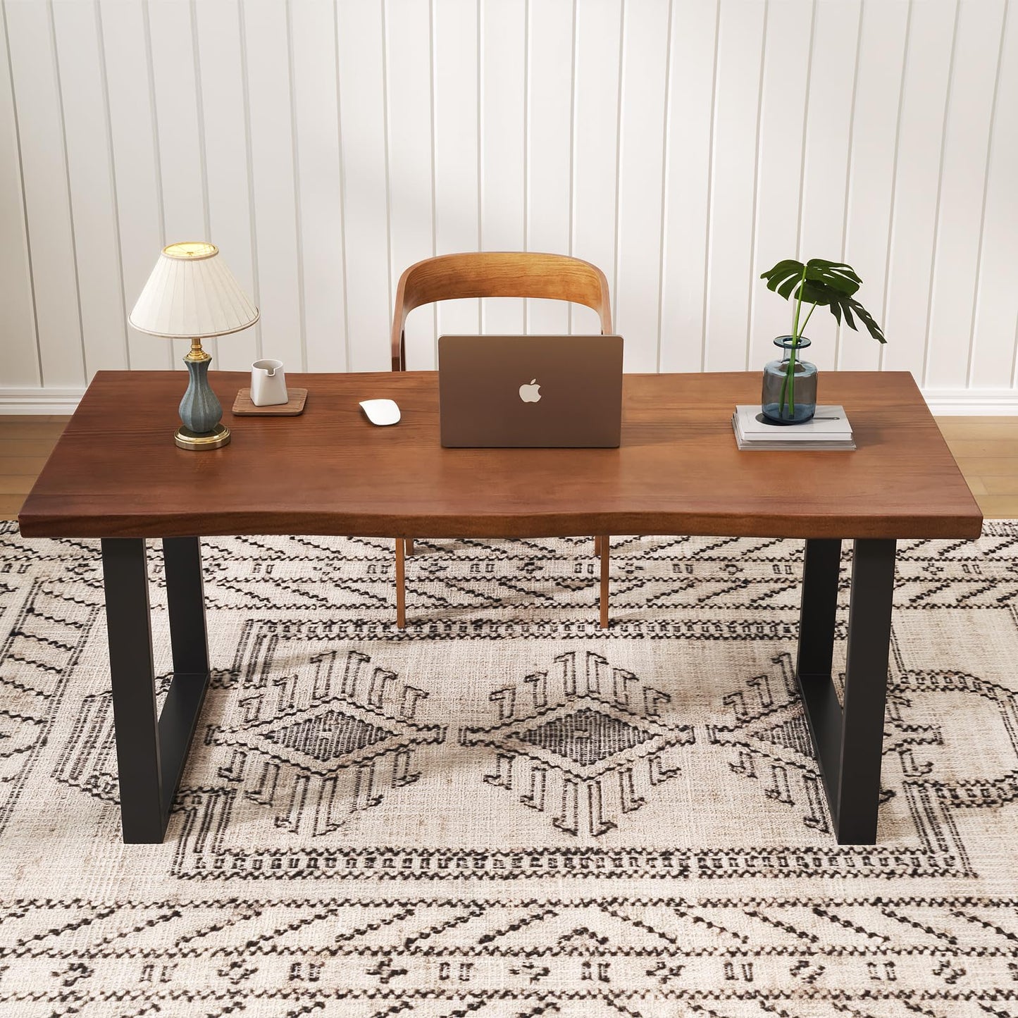 wangbochuan Solid Wood Administrative Computer Desk - Rustic Style Large Office Desk, Modern Minimalist Workstation for Home, Ideal for Learning, Writing, and Professional Use (Dark Yellow, 55.12in)