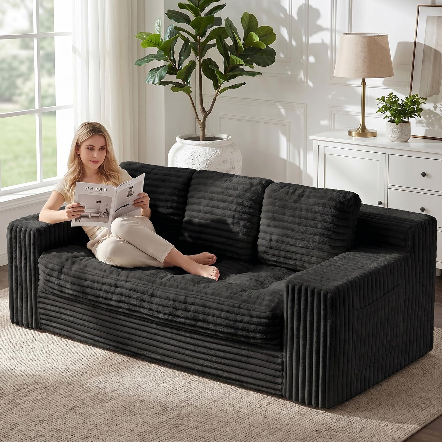 NLDD Boneless Couch, Cloud Loveseat Sofa Corduroy Couch in a Box, Upholstered Boneless 3 Seater Couch for Living Room Bedroom Office Apartment, No Assembly Required, Black