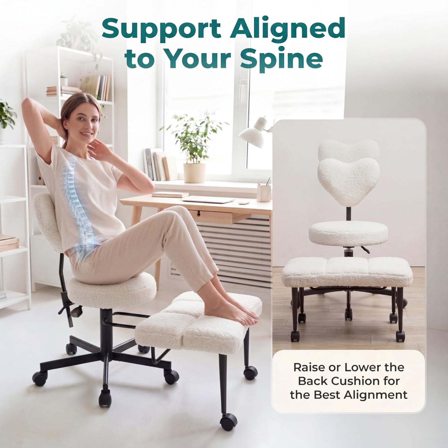 Ergonomic Cross Legged Office Chair with Footrest - Adjustable Crisscross Desk Chair for Kneeling & Sitting Cross-Legged - Swivel Task Chair with Back Support for ADHD & Home Office (White Fleece)