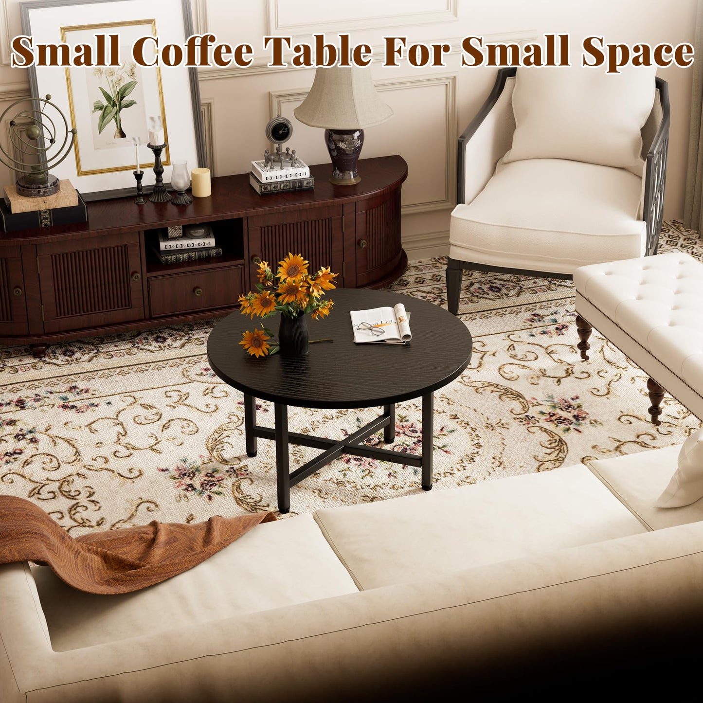 FURMORENE Coffee Table, 23.6" Small Coffee Tables, Black Round Coffee Tables for Living Room, Floor Table for Sitting on The Floor, Center Coffee Table with Metal Frame for Office Apartment Home