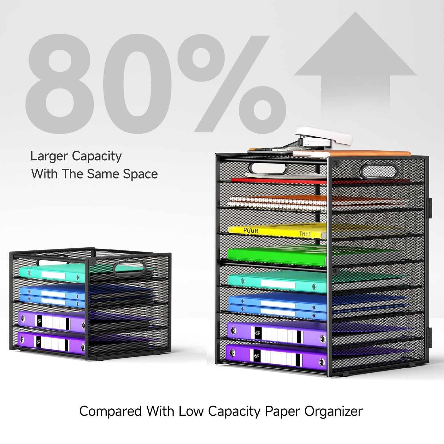 Cawukege 9 Tier Paper Organizer with Handle, Black Large Capacity Desk Organizer Mesh File Folder Letter Paper Tray Desktop Document Sorter for Classroom, School, and Office Accessories Organization