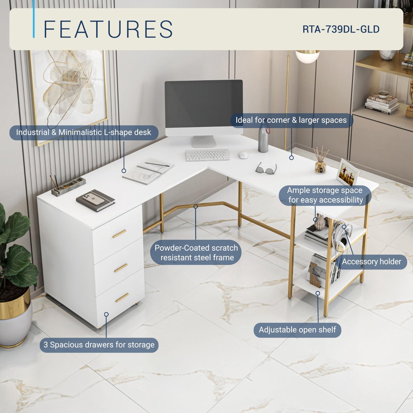 Techni Mobili L Shaped Desk - Two-Toned Computer Desk with Drawers & Storage Shelves - Simple Modern Furniture & Home Office Space Corner Table for Work & Writing