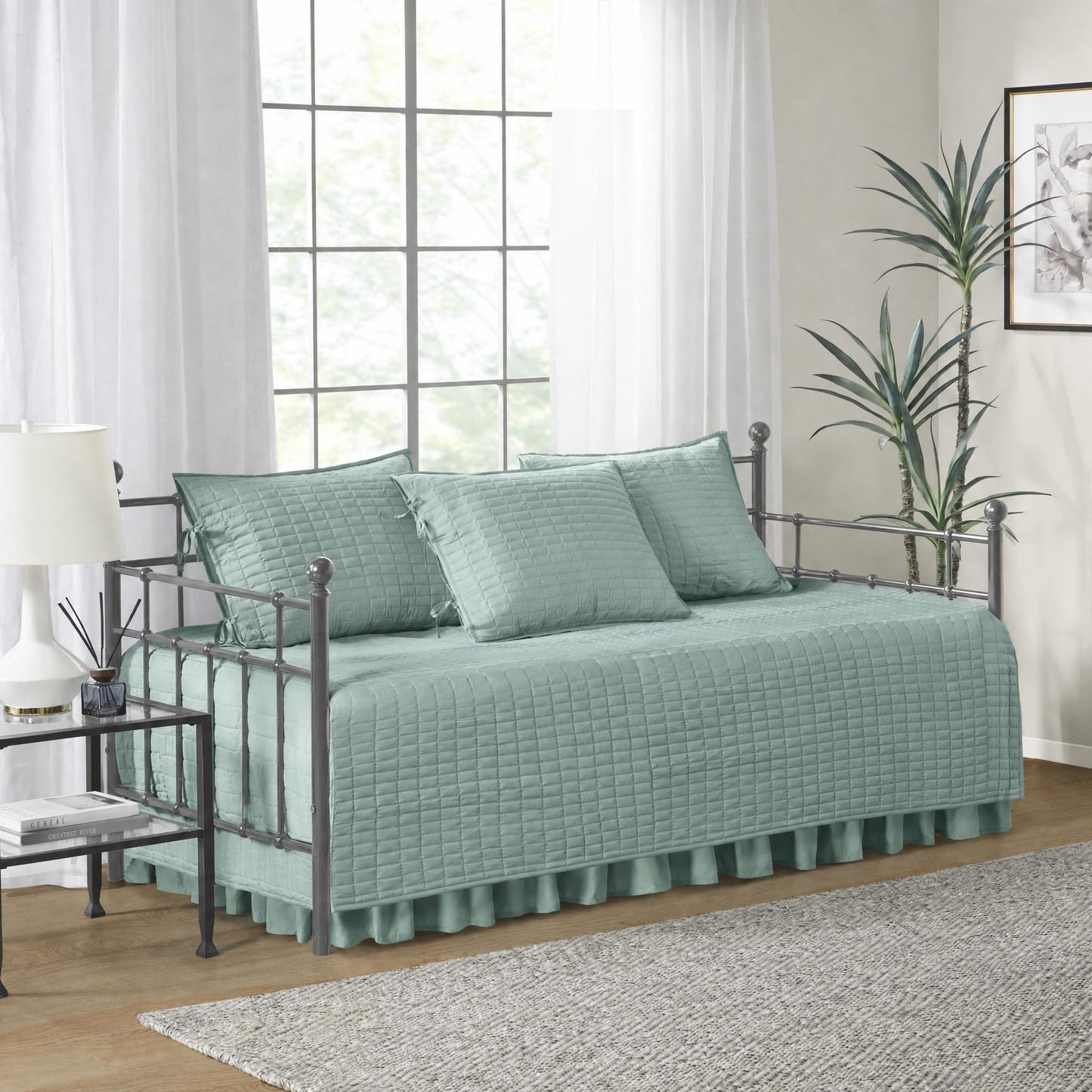 Comfort Spaces Daybed Cover - Luxe Double Sided Quilting, All Season Cozy Bedding with Bedskirt, Matching Shams, Kienna Sage Green75"x39" 5 Piece