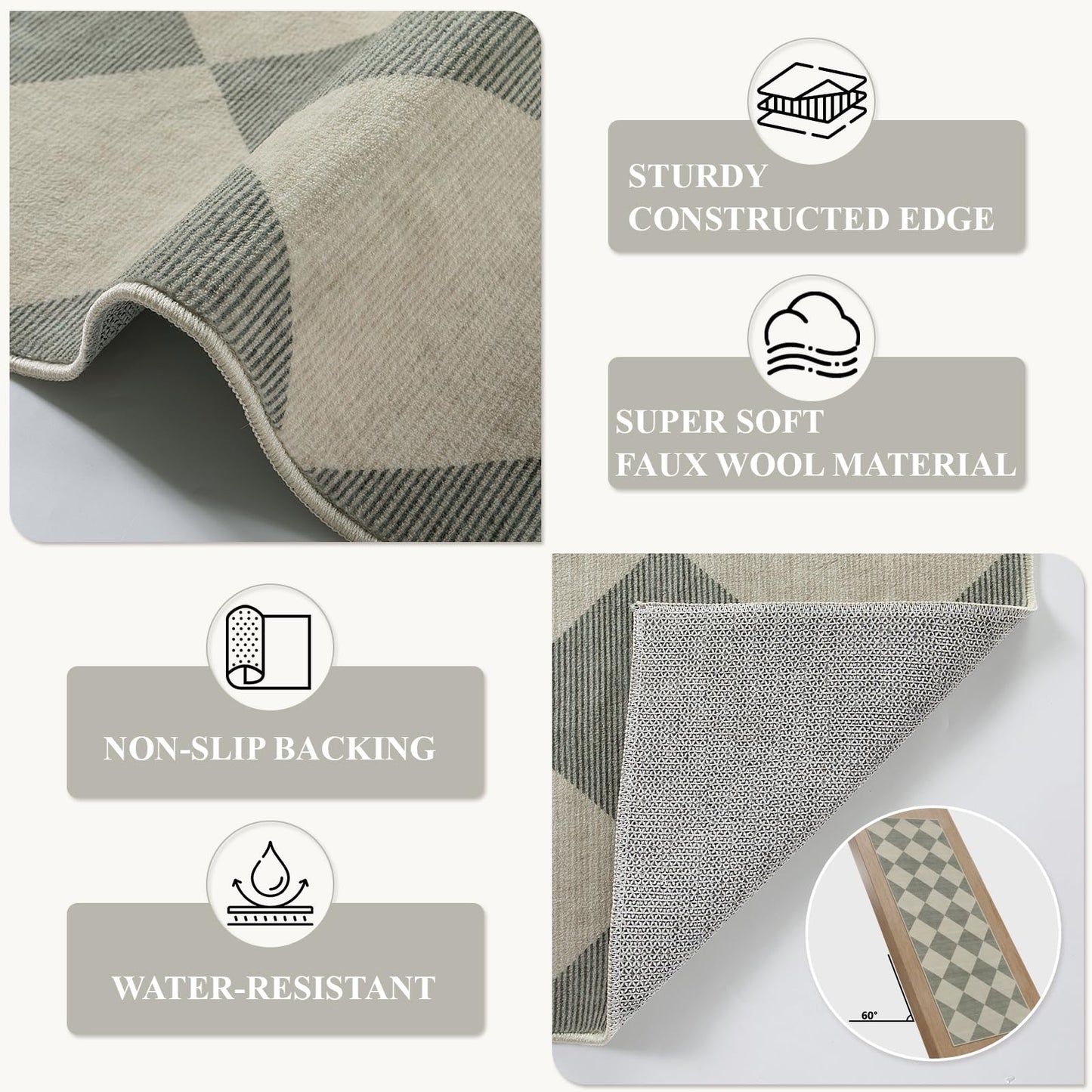 Beeiva Checkered Print Hallway Runner Rug Non Slip, Ultra Thin Washable Kitchen Runner Rug 2x6, Moroccan Neutral Green Soft Floor Carpet for Bedroom Laundry Room, Minimalist Diamond Hallway Decor