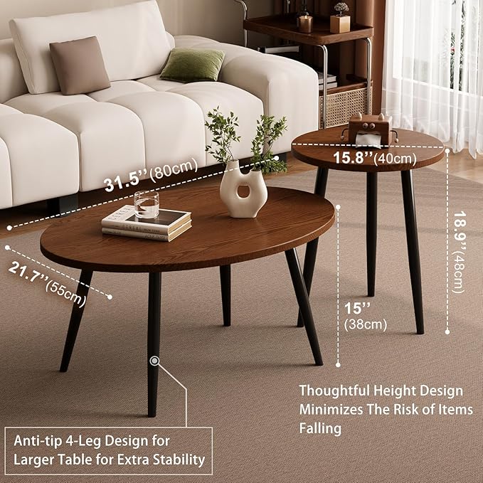 2 Pcs Small Oval Coffee Table, 31.5" Retro Walnut Coffee Tables Nesting Tables