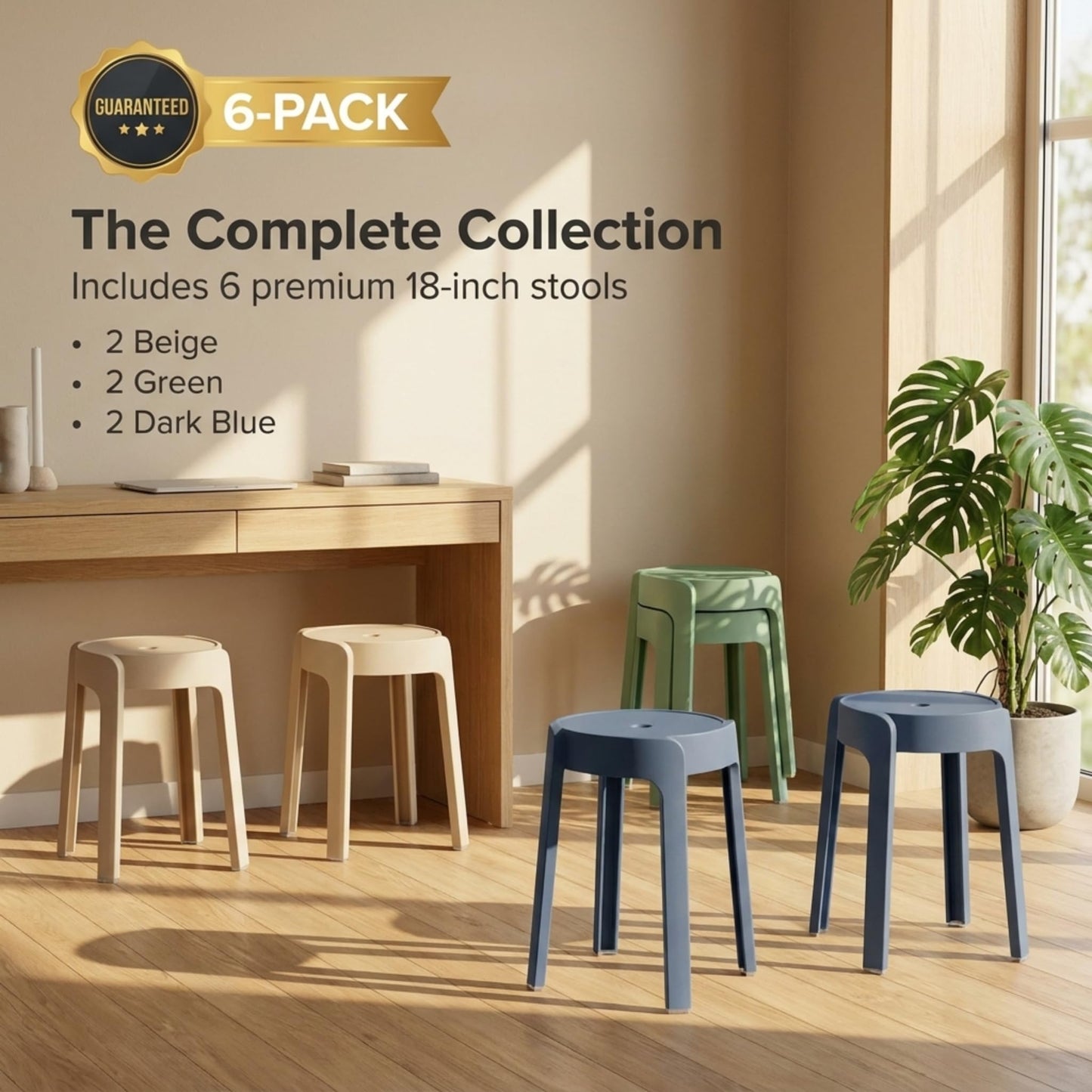 Stackable Plastic Stools Set of 6-18 Inch Heavy Duty 500 lbs Capacity, Flexible Seating Classroom Stools for School, Outdoor Patio & BBQ Chairs, Space Saving Plastic Chairs for Dorm, Home Office