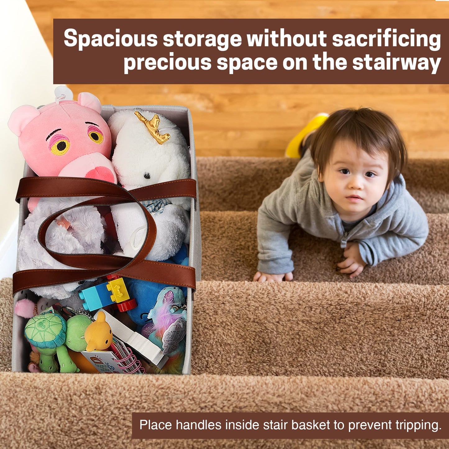 SAM AND MABEL Stair Baskets for Carpeted and Wooden Stairs – 16”L x 10”W x 16”H Foldable Staircase Basket with Handles, Stairstep Storage Organizer for Home and Office Decor (Naturel Beige)