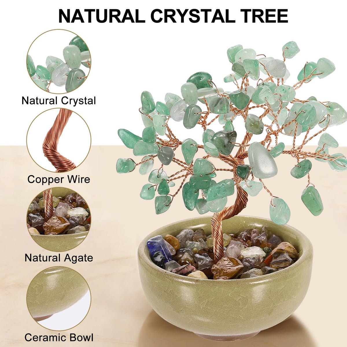 MECCANIXITY 7 Chakra Crystal Tree of Life, Natural Aventurine Gemstone Tree Handmade Feng Shui Bonsai with Agate Base for Positive Energy, Good Luck, Home Decor (4 x 2.4 Inch Green)