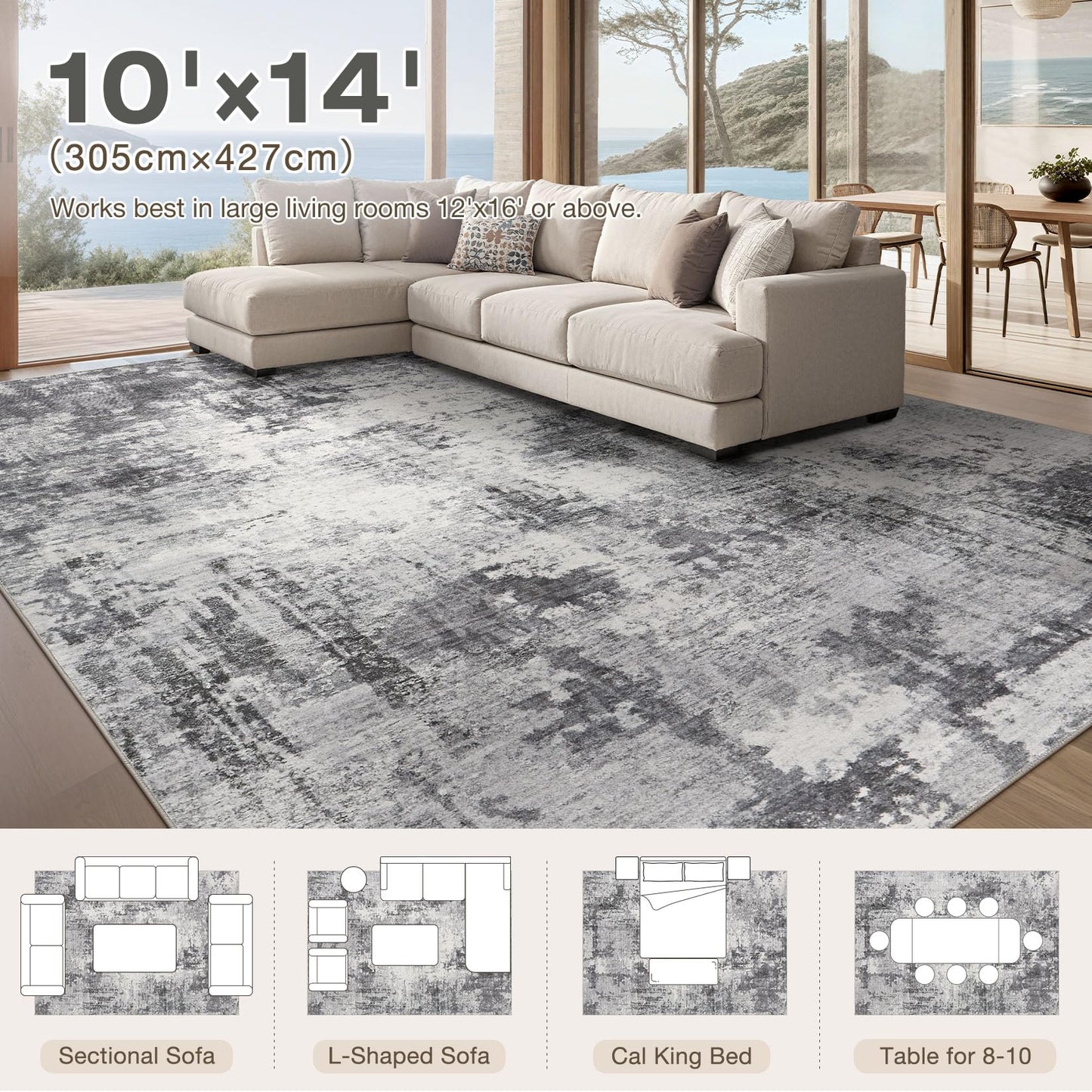 TARANCH Abstract 10x14 Area Rug: Machine Washable Non Slip Ultra Thin Low-Pile Carpet, Soft Stain Resistant for Living Dining Room Bedroom, Kid Pet Friendly, Robot Vacuum Compatible - Grey