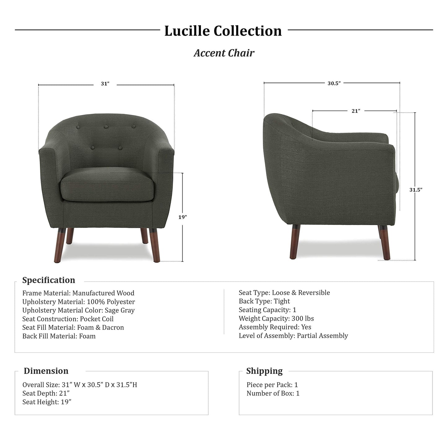 Homelegance Lucille Modern Accent Chair, Upholstered Reading Chair with Button-Tufted Back, Sloped Arms, Removable Seat Cushion Cover and Espresso Wood Legs, for Living Room, Bedroom or Office, Gray