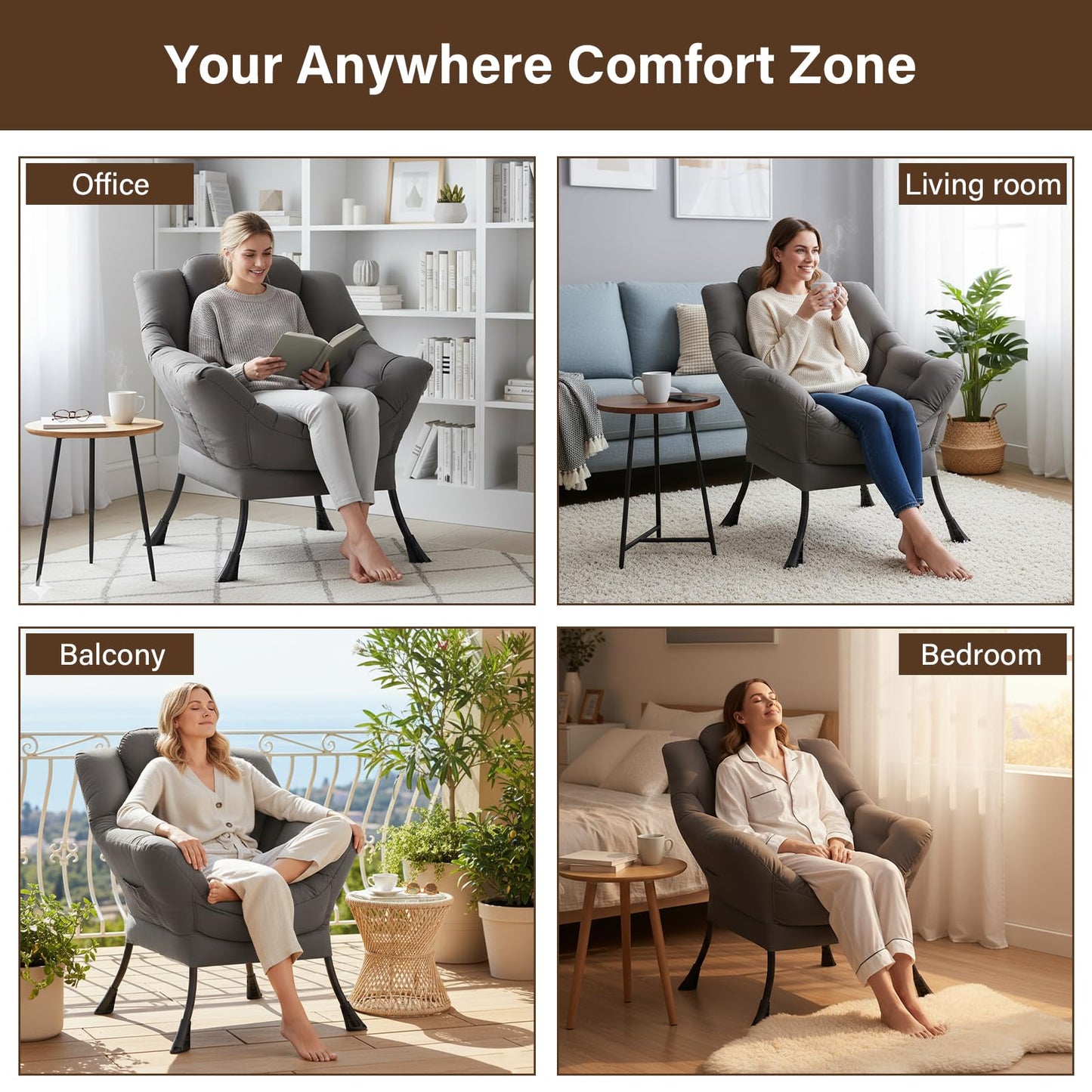 Welnow Dark Grey Single Lazy Chair for Living Room, Modern Reading Accent Chair with Armrests and a Side Pocket, Leisure Lazy Sofa Chair for Small Space, Bedroom, Dorm