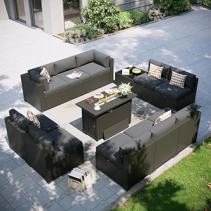 Aoxun Patio Furniture Set with Fire Pit Table, 12 Piece Outdoor Sectional Sofas