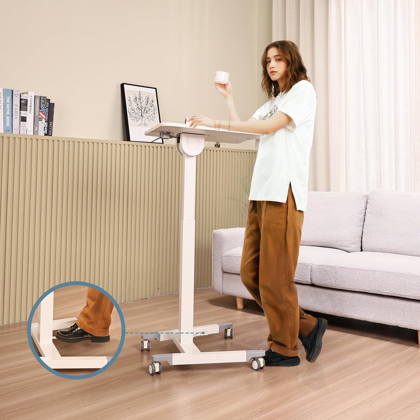 Fromann Mobile Standing Podium Desk Laptop Sit to Stand Height Adjustable Workstation with Wheels,Gas Spring Lift Mechanism Desk (White)