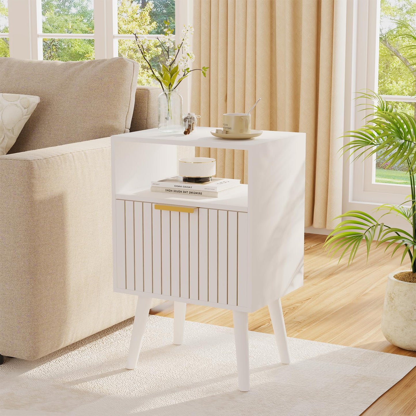 Aenuert Nightstand, 2-Tier Night Stand with Drawer, Wooden Bedside Table for Bedroom Study Room Small Spaces, White