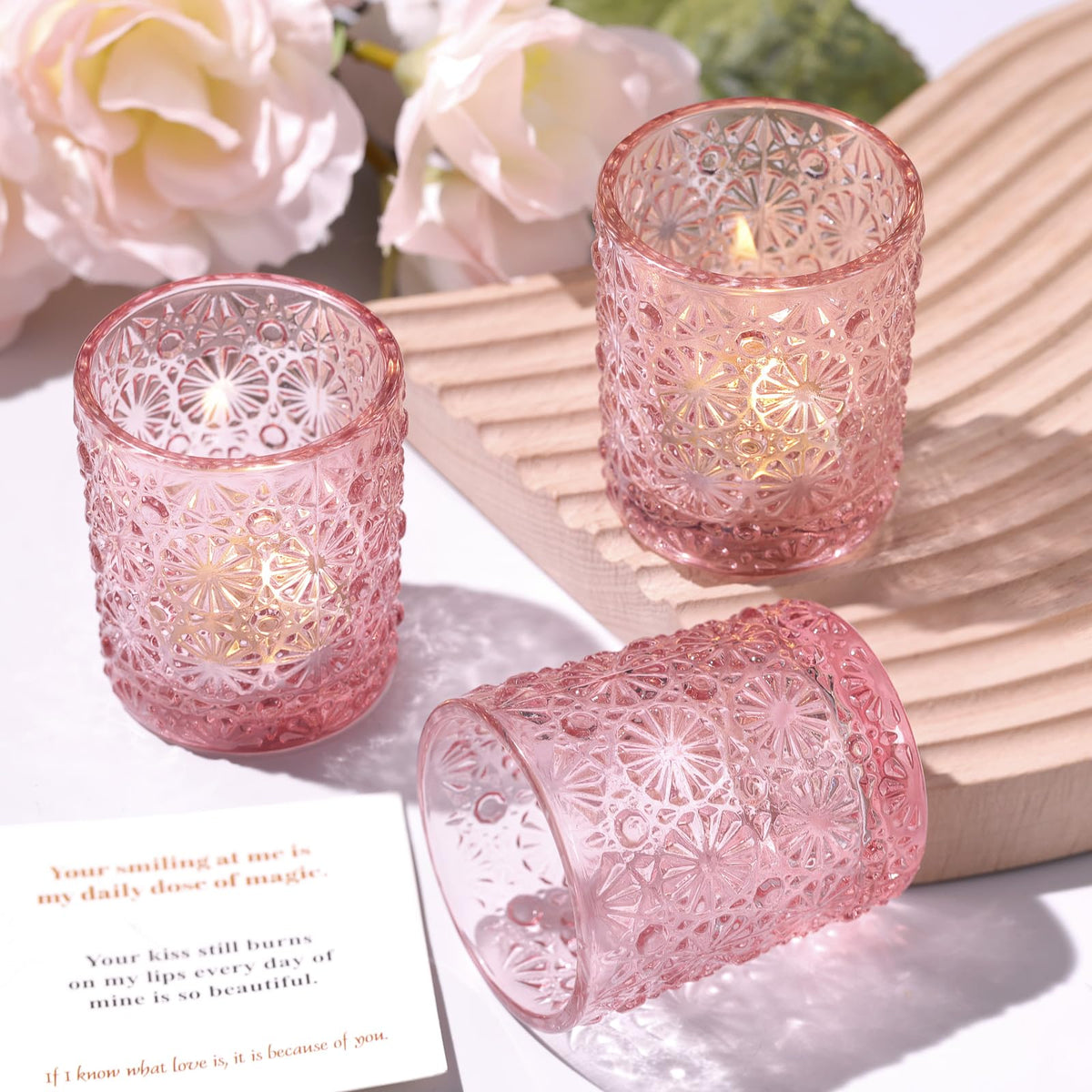 Lanttu Pink Votive Candle Holder Set of 12, Flower Tea Lights Candles Holders for Wedding Table Centerpieces, Birthday Parties, Anniversary, Pink Bridal Shower and Holiday Decorations