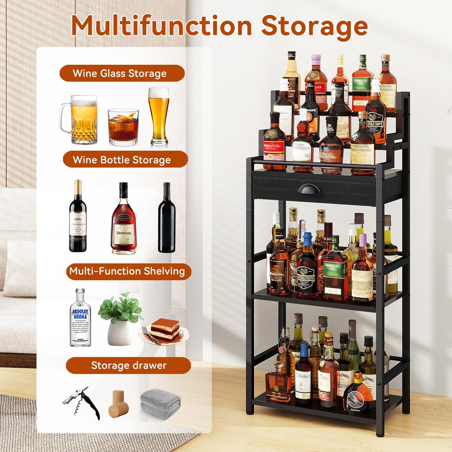 IBUYKE Stepped Wine Rack Freestanding Floor,Bar Cabinet with Drawer and Display Shelf for Whiskey,Corner Liquor Bottle Display Cabinet for Home,Living Room,Dining,Black UTMJ915B