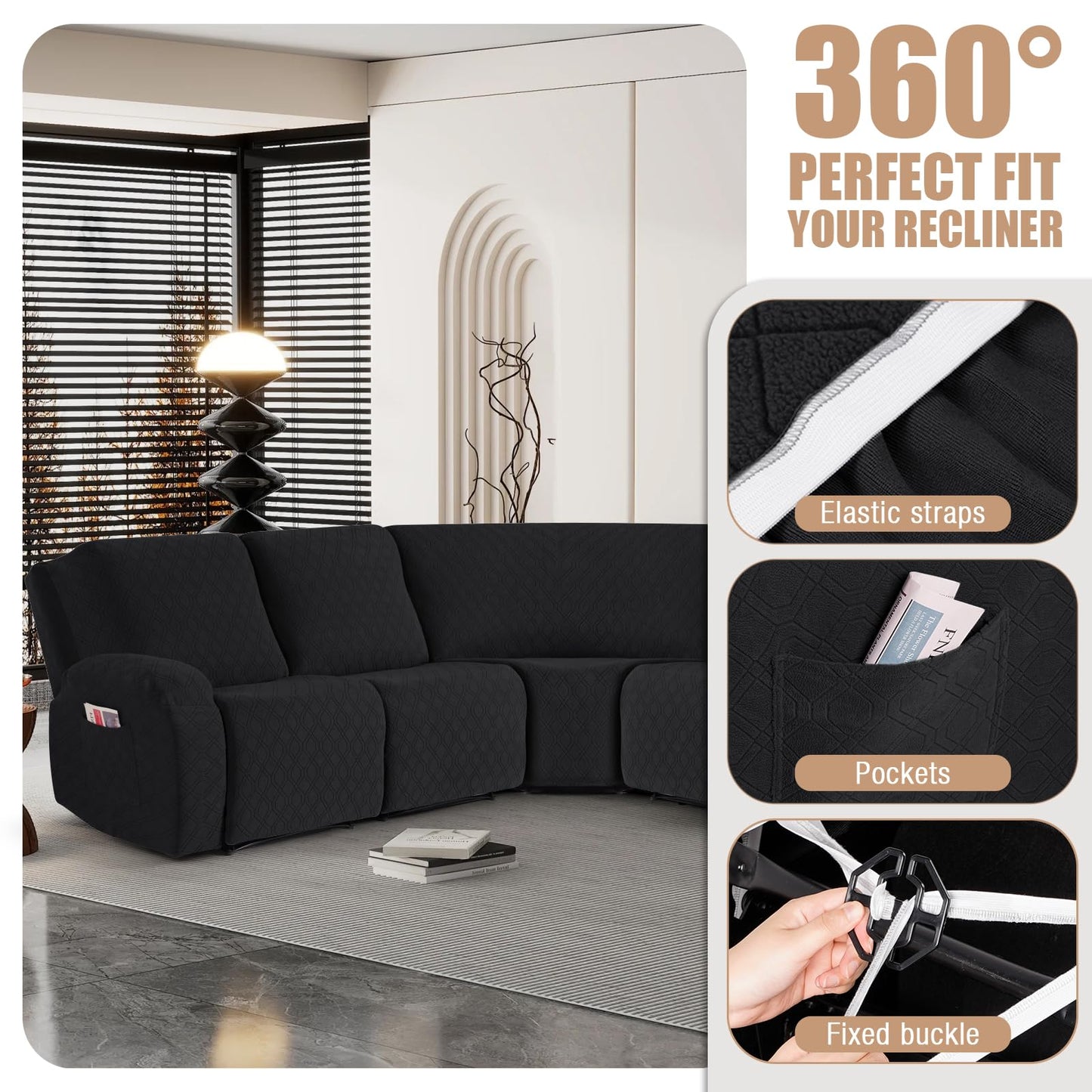 VANSOFY Extra Large Reclining Sectional Couch Covers, Washable 5-Piece Sofa Covers for L Shape Sectional Sofa Corner Seater, Thick, Soft Sofa Slipcovers (5 Seat Recliner Cover，Black)