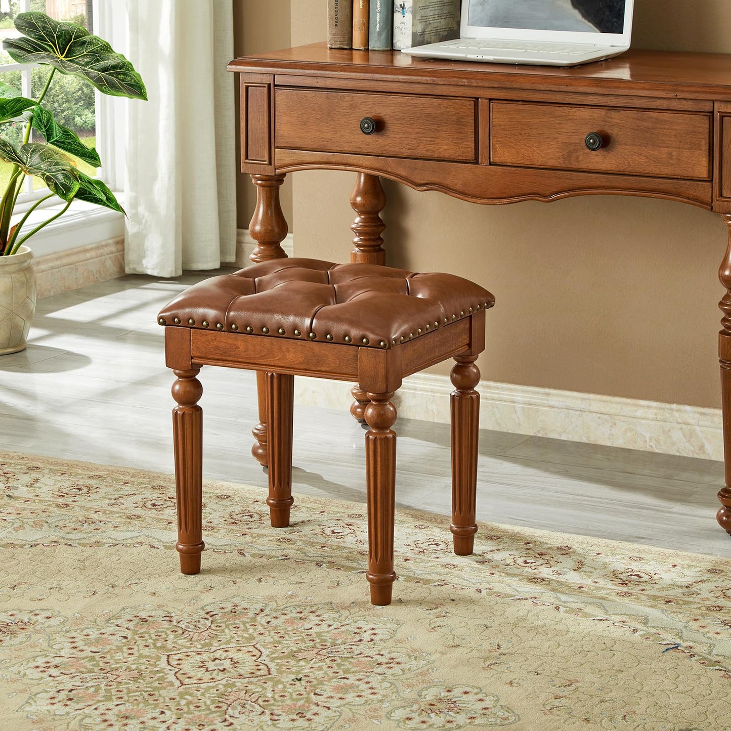 KIVSON Vanity Bench Stool with Microfiber Leather Cushion, Vanity Chair Ottoman Dressing Stool with Solid Wood Legs for Bedroom, Makeup Room, Dressing Room, Easy Assembly (Brown)