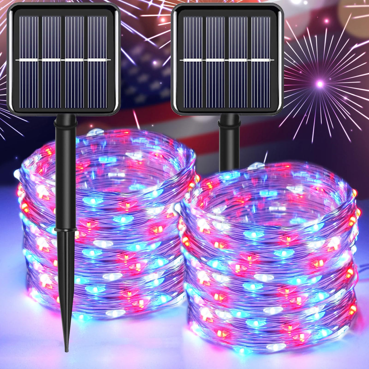 YAOZHOU 4th of July Patriotic Decorations, Red White Blue Solar Fairy String Lights Outdoor Waterproof, 2Pack Total 200LED 66Ft, IP67 8 Modes Outside for Memorial Day, Garden, Patio, Yard