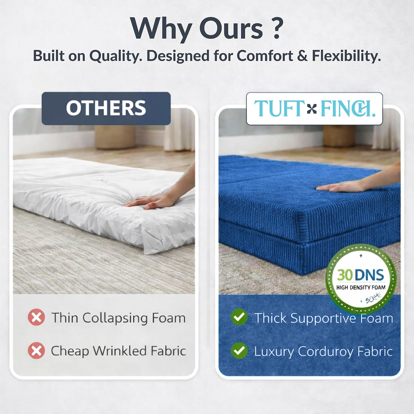 TUFT & FINCH Bali Blue Boneless Couch Sofa Bed - 82" Modular Corduroy Convertible Sleeper Sofa for Living Room – 3 Seater Folding Couch Bed, Pet-Friendly Removable Washable Covers - CertiPUR-US Foam