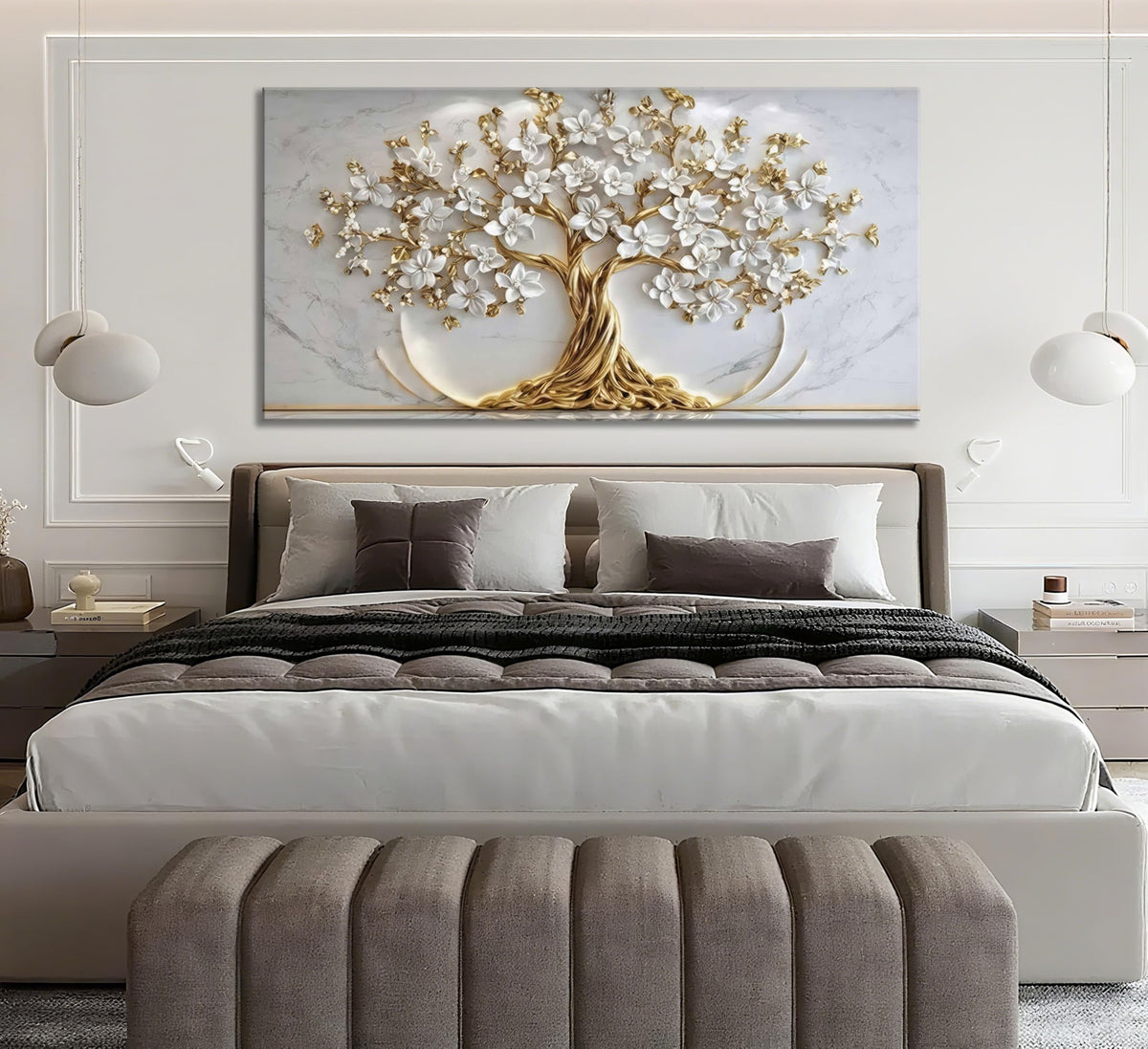 Tree of Life Canvas Wall Art Gold White Flowers Wall Decor Picture Natural Landscape Poster Print Artwork For Living Room Bedroom Office Paintings Decoration Prepare to hang 32x16in