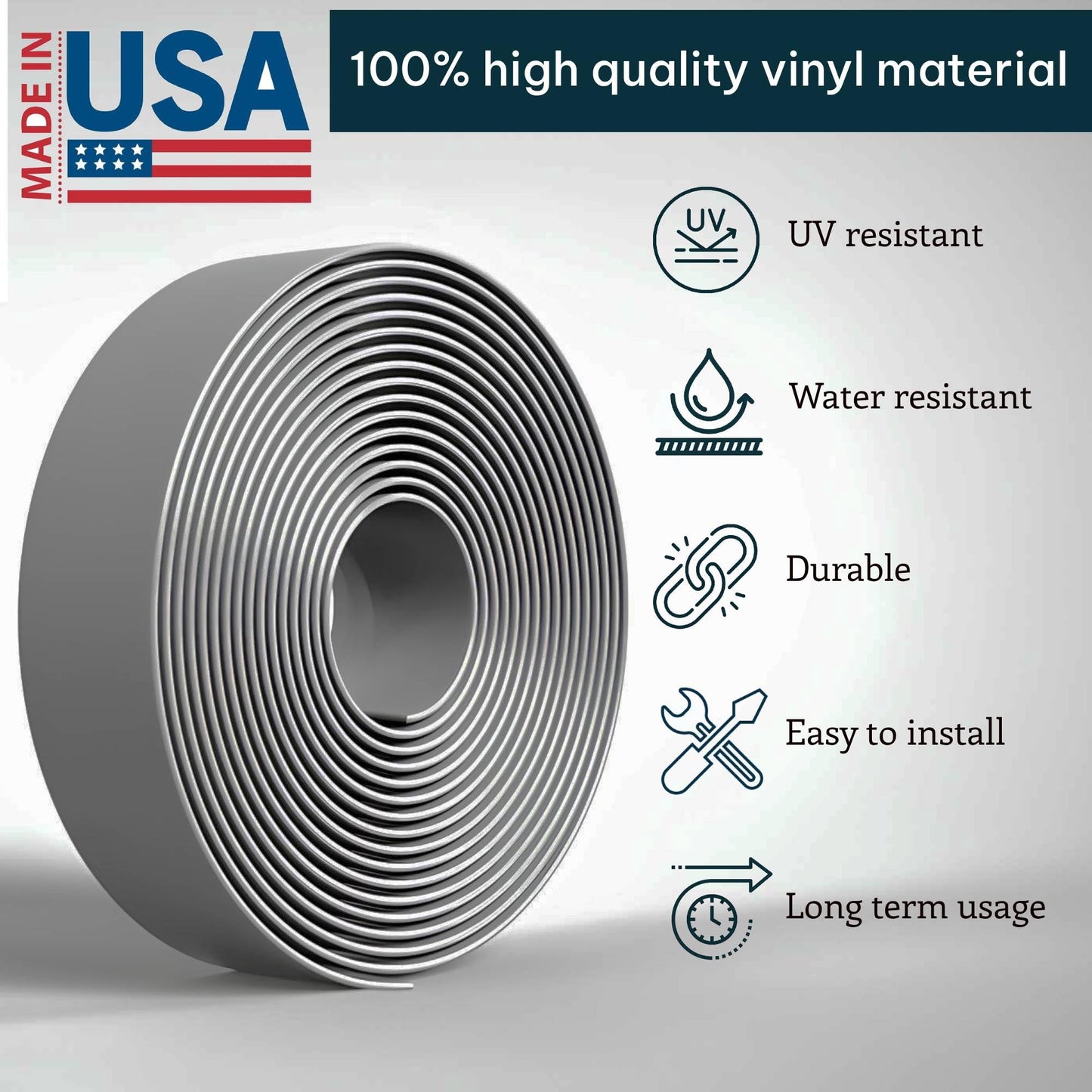 KOMORAX Gray 1.5" Wide 20' Length Chair Vinyl Strap Strapping for Patio Lawn Garden Outdoor Furniture Matte Finish Color