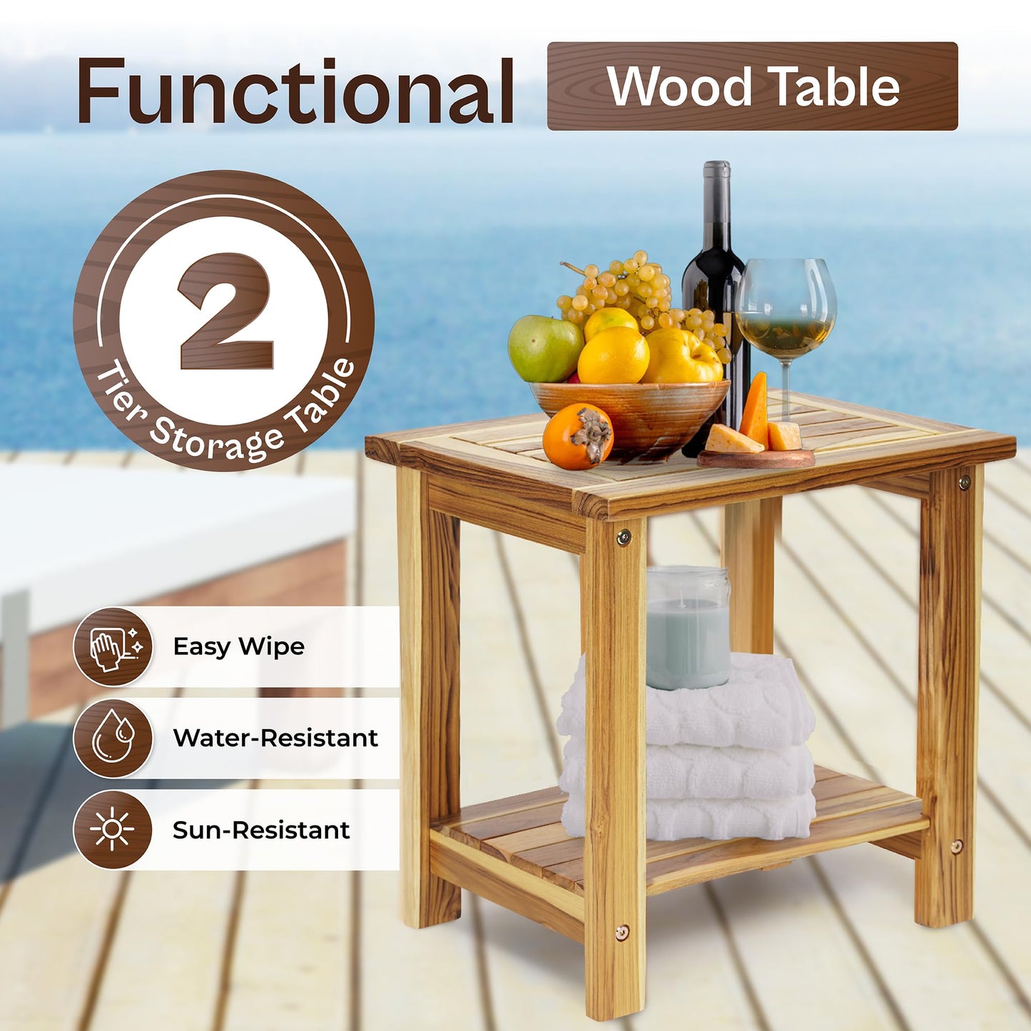 AN68 Adirondack Side Table – Weather-Resistant Rectangular End Table for Patio, Garden, Lawn, or Living Room | Indoor & Outdoor Wood Side Table, Rustic Style (Natural Teak Wood)