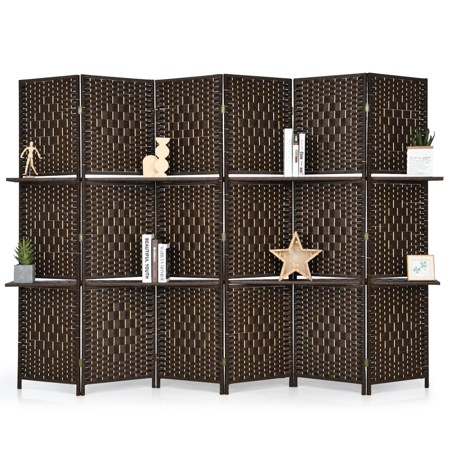 Giantex 6Ft 6 Panel Room Divider with Shelves, Freestanding Hand-Woven Rattan Folding Privacy Screens for Room Separation, Wooden Partition Room Divider Wall for Home Office Studio Separator