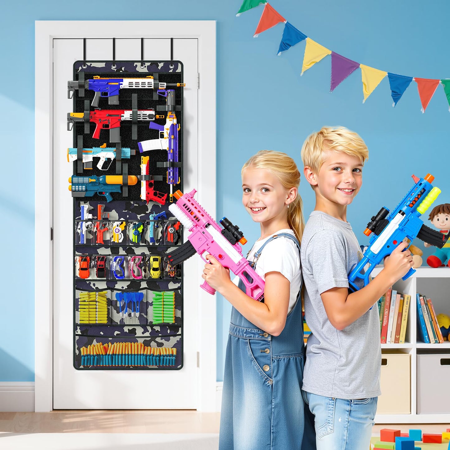 Over The Door Organizer for Toy Guns, Toy Storage, Toys Organizer with Pockets, Hook&Loop Straps for Foam Blasters, Darts, Goggles, Hanging Toys Gun Storage for Kid Rooms, Play rooms, Camouflage