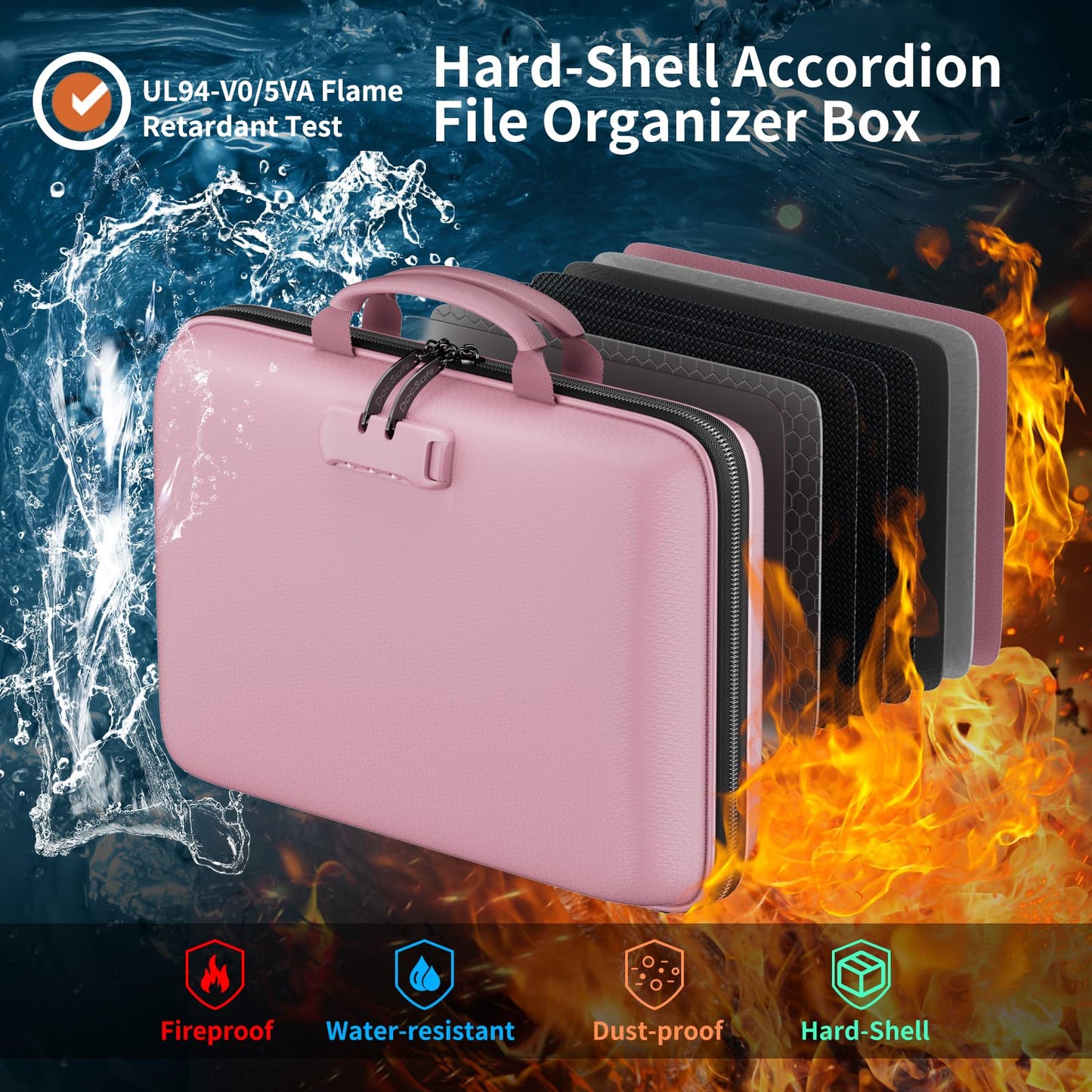 DocSafe Fireproof File Organizer with Lock, Hard-Shell Case Fireproof Document Box with 13 Pocket Accordion File Folder, Portable Home Office Travel Safe Storage for Important Documents Laptop Pink