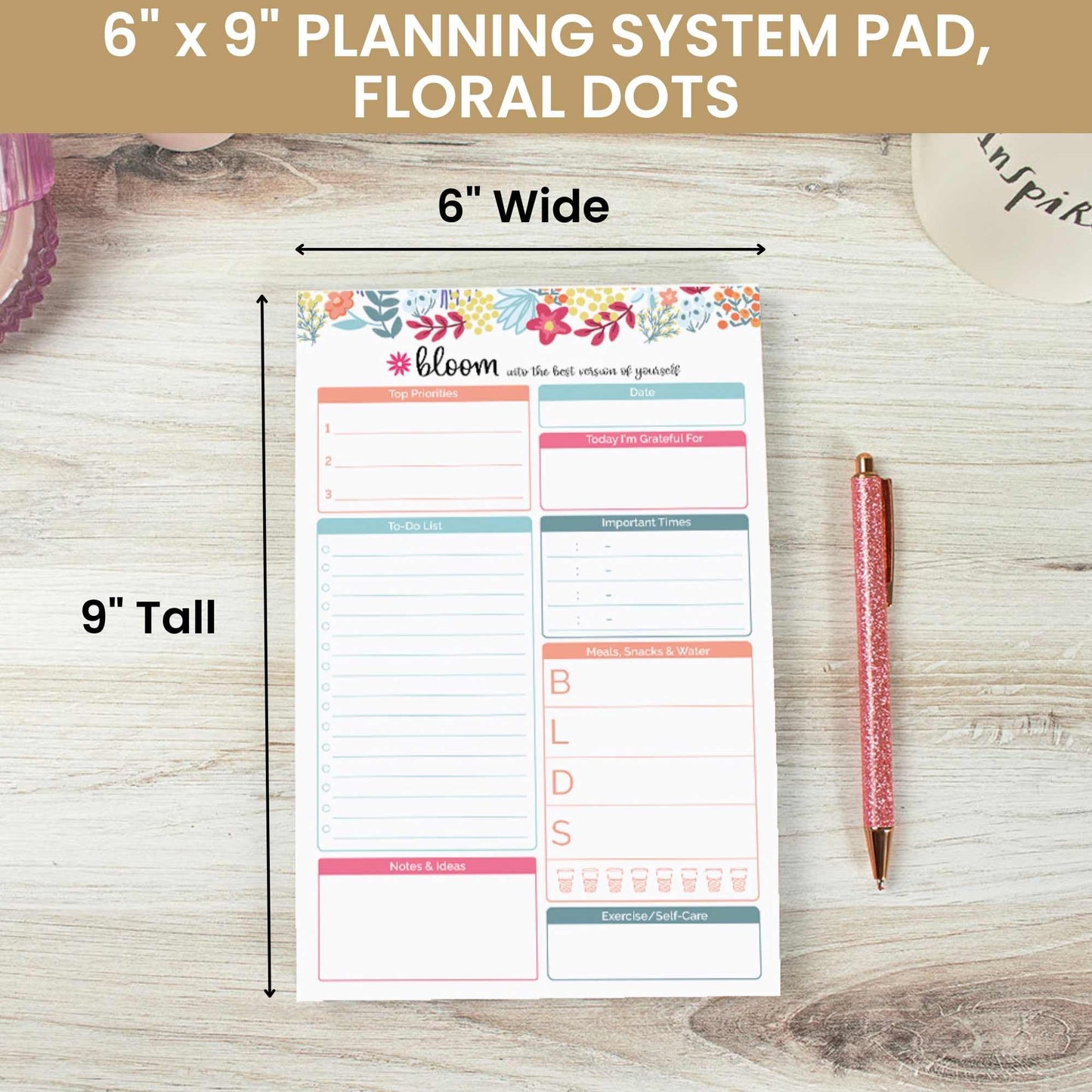 bloom daily planners Daily Planning System Tear Off to-Do Pad - Undated Checklist Notepad Organizer with Perforated Sheets - 6" x 9" (Floral Dots)