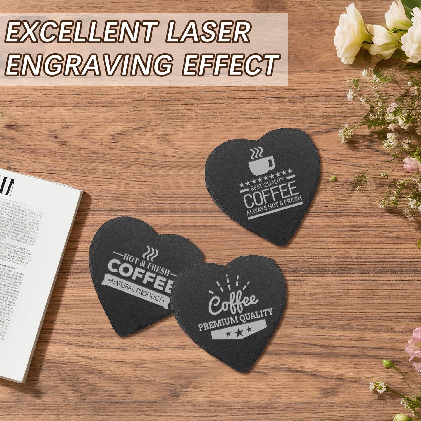 24 PCS Slate Drink Coasters Bulk,4 Inch Black Slate Stone Coasters for Office, Home Decor,Laser Engraving Blanks with Anti-Scratch Bottoms for Coffee Bar Kitchen Heart